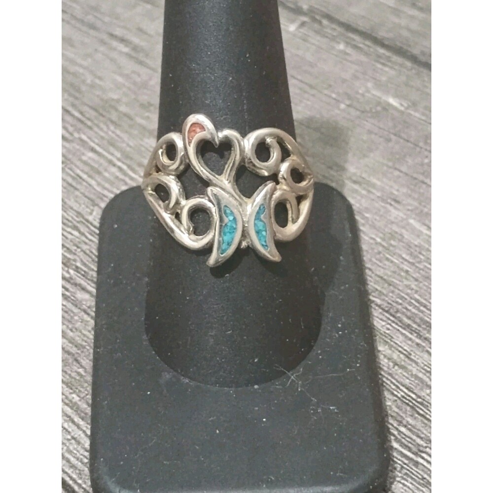 Butterfly Turquoise Coral Chip Sterling Silver Plated Openwork Vintage Ring